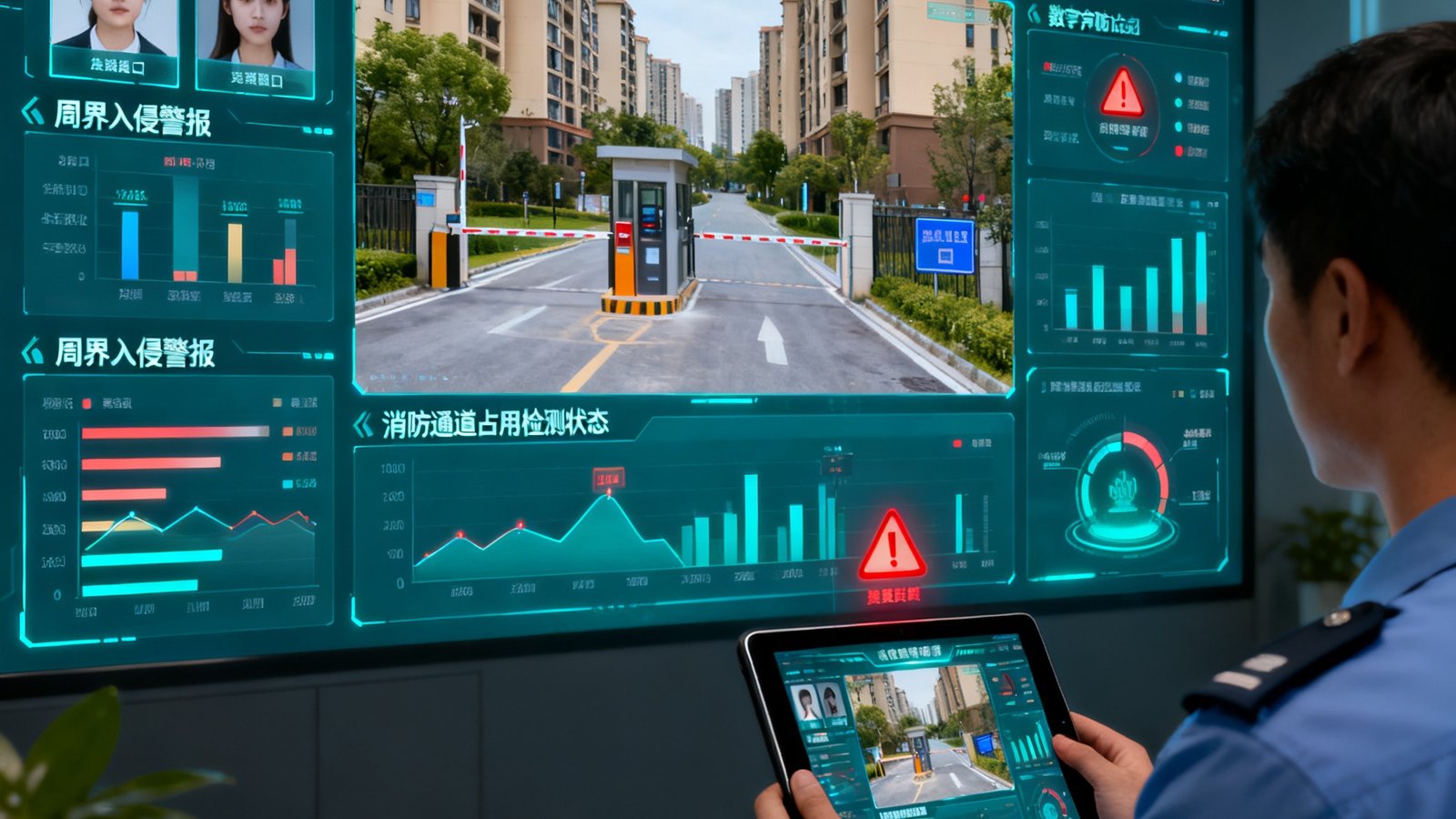 社区物业管理中心的数字安防大屏显示小区各出入口人脸识别记录、周界入侵警报及消防通道占用检测状态，物业人员通过平板电脑接收实时告警